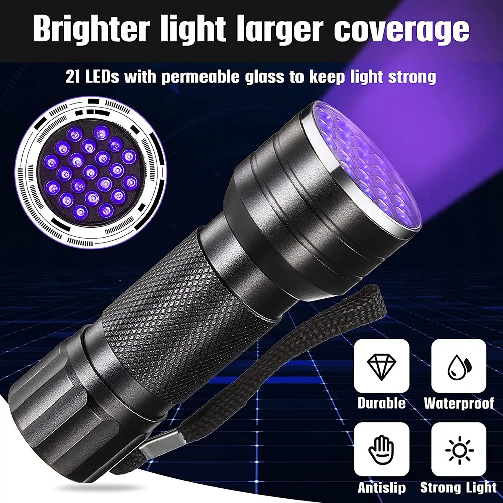 Torcia a luce nera UV 21 rilevatore di torcia a LED per cane Pet urina torcia a luce nera UV portatile per macchie