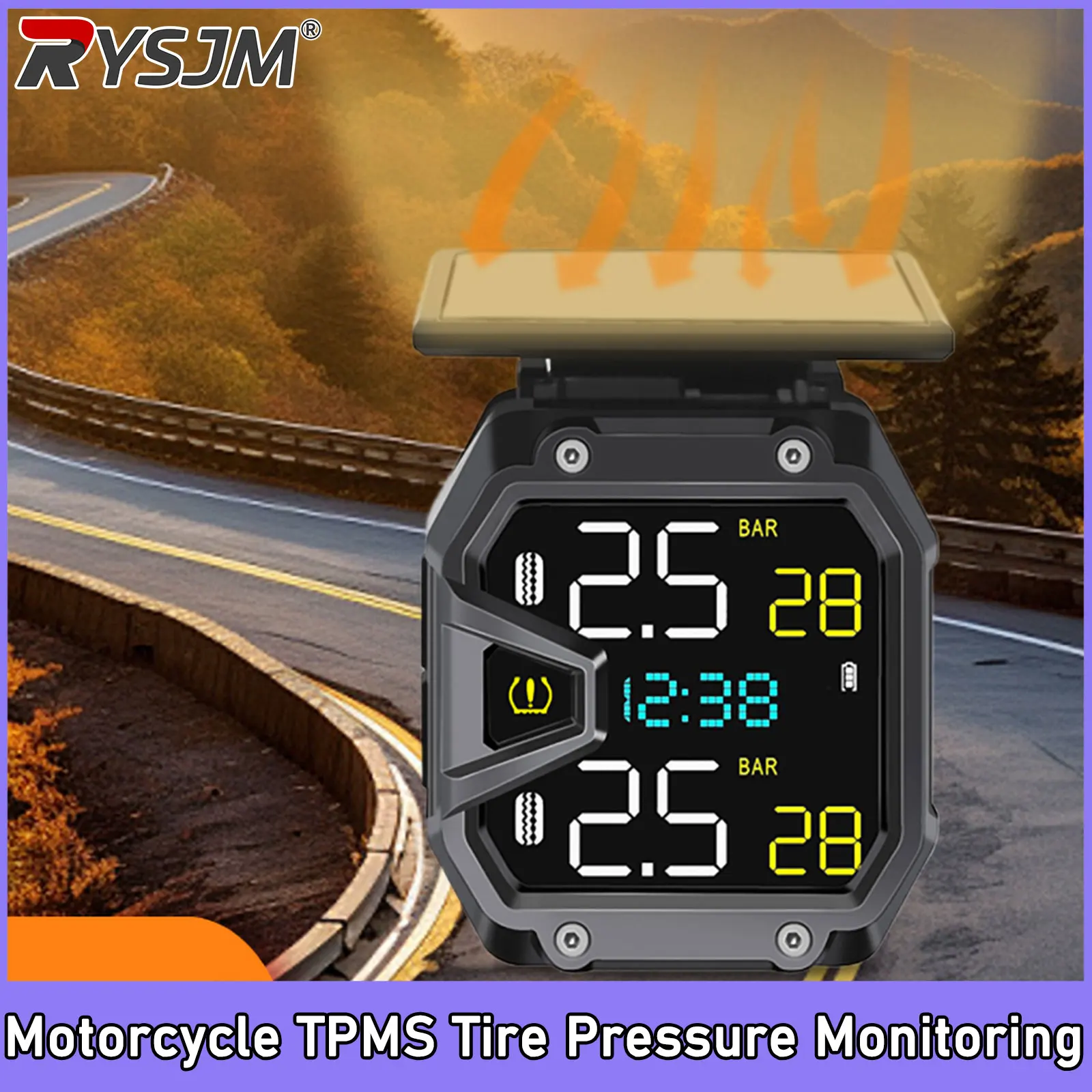 Waterproof Motorcycle TPMS with 2 External Sensors Solar USB Tire Pressure Monitoring System Real-Time Alarm System 1.0~5.9BAR
