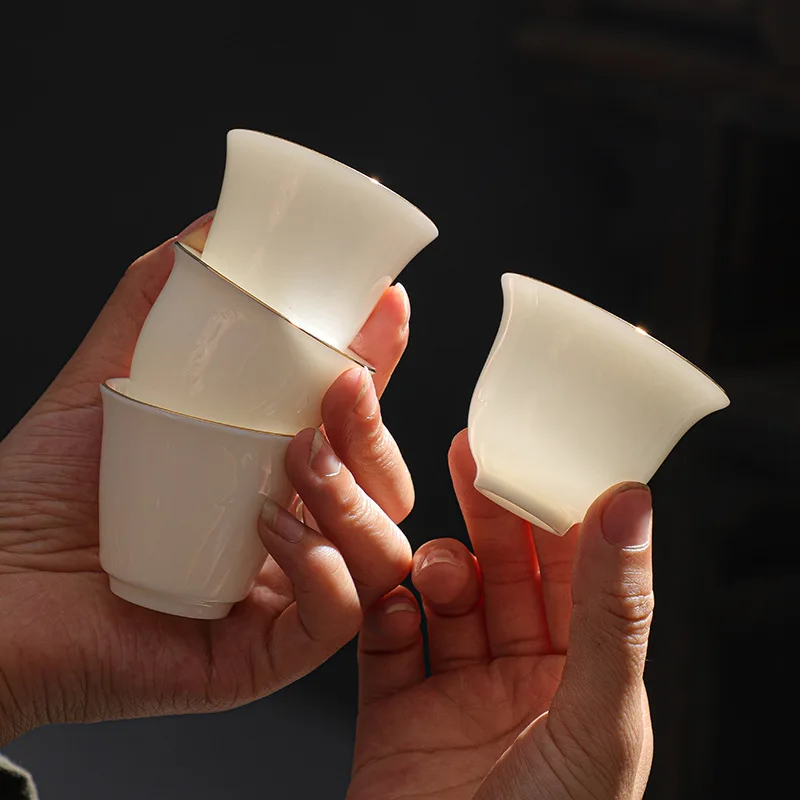 6pcs Mutton Fat Jade Porcelain Tea Cup Dehua White Porcelain Master Cup Gold Rim White Small Kung Fu Tea Cup Set Teaware