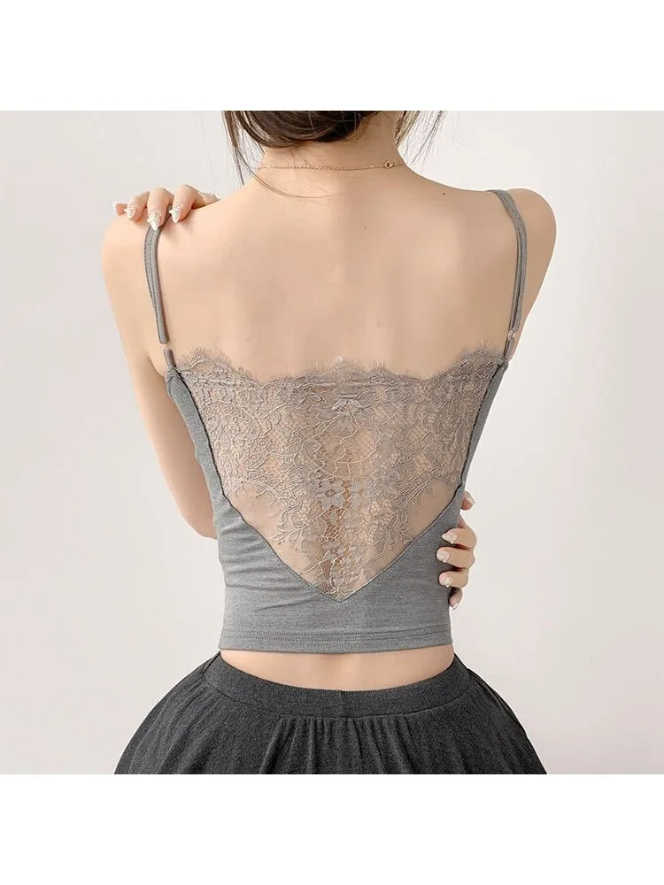 Sexy Spitzen-Crop-Top für Damen, Träger-Top mit Brustpolster, als Innen- und Außenbekleidung, schlankmachendes, kurzes Basic-Shirt mit schönem Rücken – Detail 2