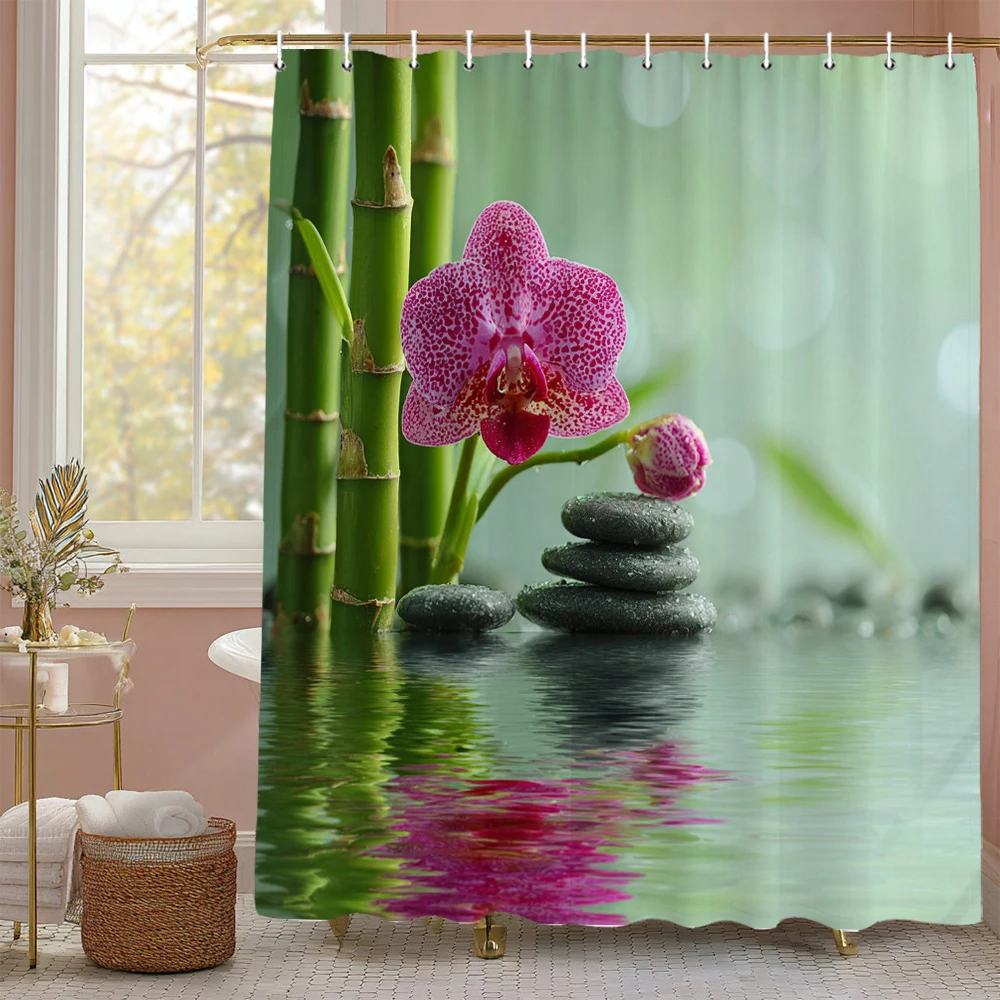 

Zen Garden Bamboo Spa Stone Flower style Shower Curtain, Bathroom Decorative Shower Curtain, polyester Shower Curtain with Hook