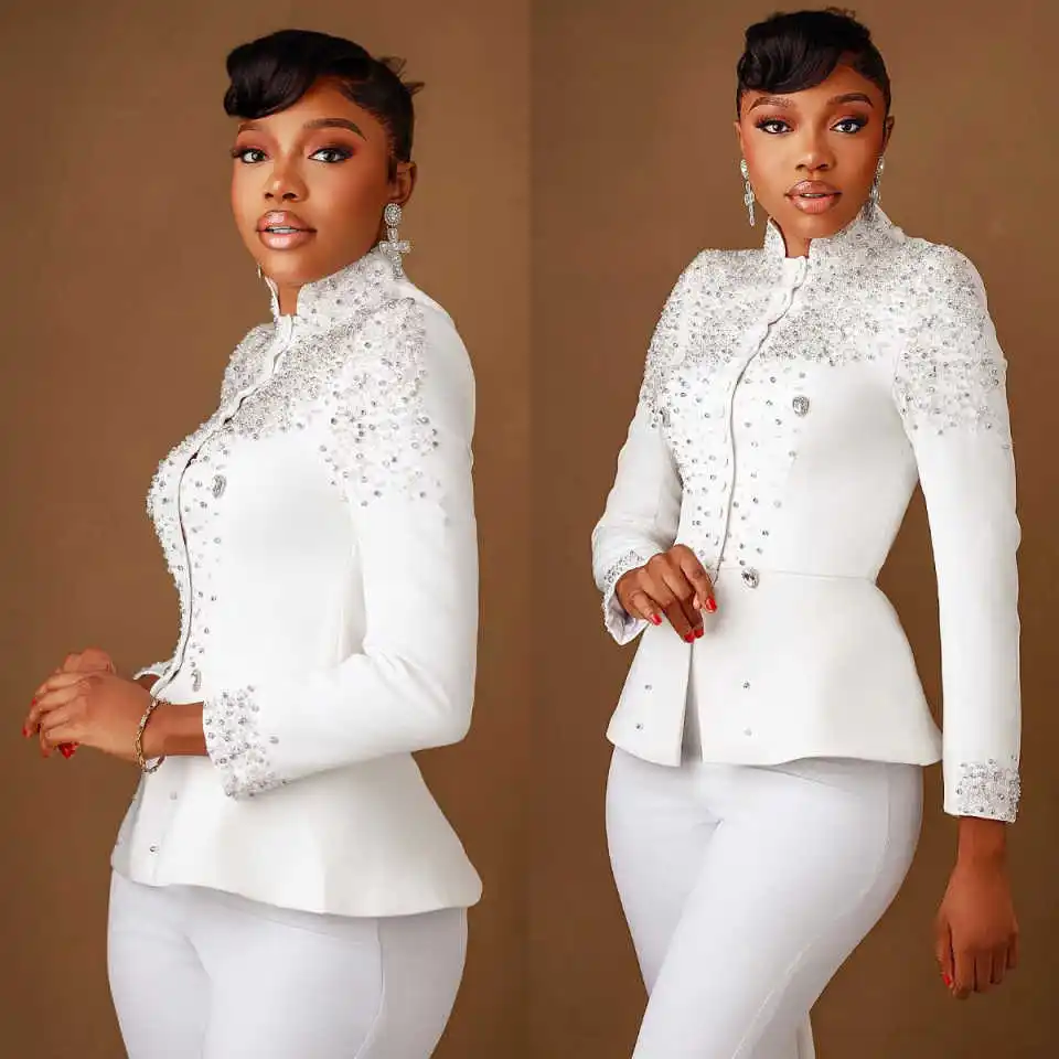 Luxury 2 Pieces Beaded Women's Suit Long Sleeve With Train Jacket Sets Fashion Wedding Party Customized Outfits