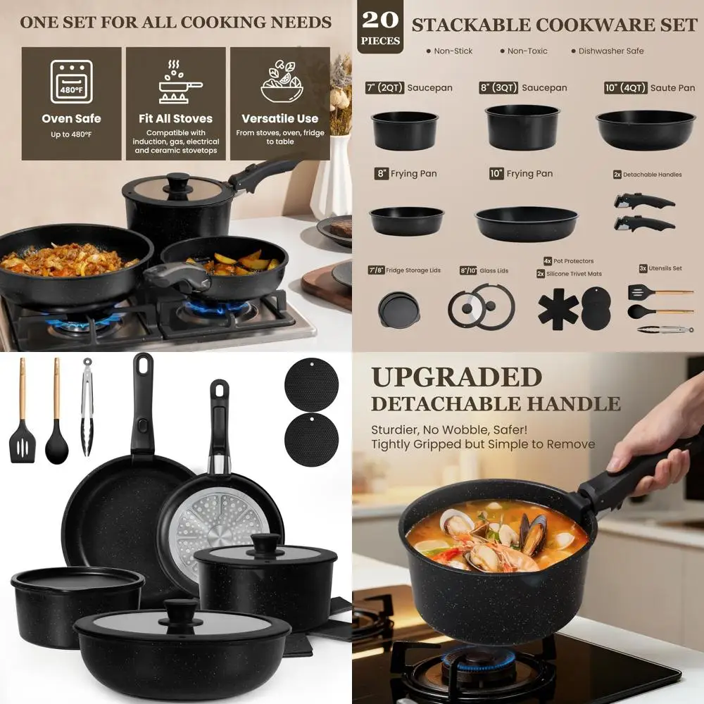 

Набор посуды из 20 предметов с антипригарным покрытием и съемными ручками, совместим с индукционными плитами, подходит для духовки и посудомоечной машины, легко чистится (черный)