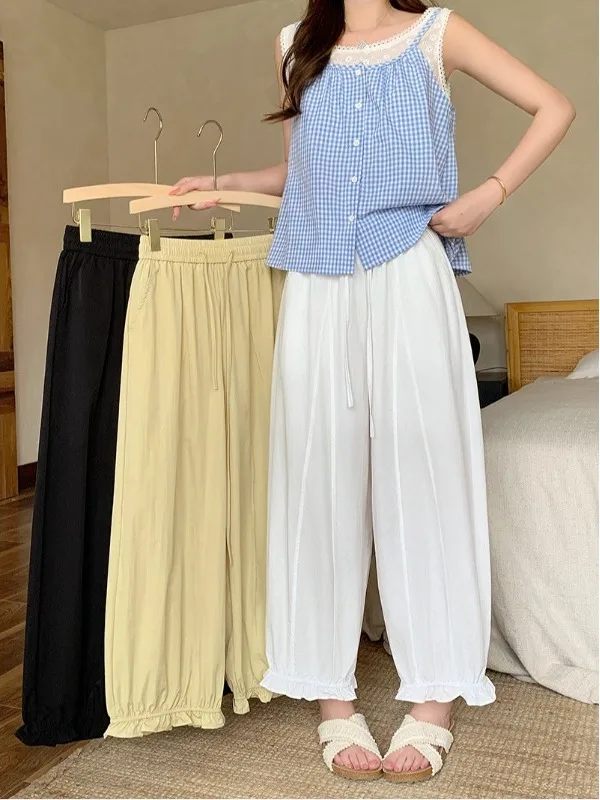 

plus Size Women's Casual Nine-Piece Pants Floral Print Bell Bottoms Summer Fashion Slimming Effect Wood Grain Design