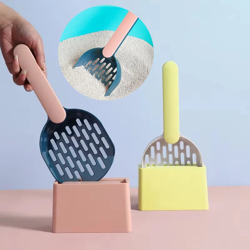 Conjunto de colher de maca para gatos com base, alça longa, ferramenta para cocô de gato, plástico abs de alta qualidade, durável, ferramenta de limpeza de banheiro para gatinhos, animais de estimação