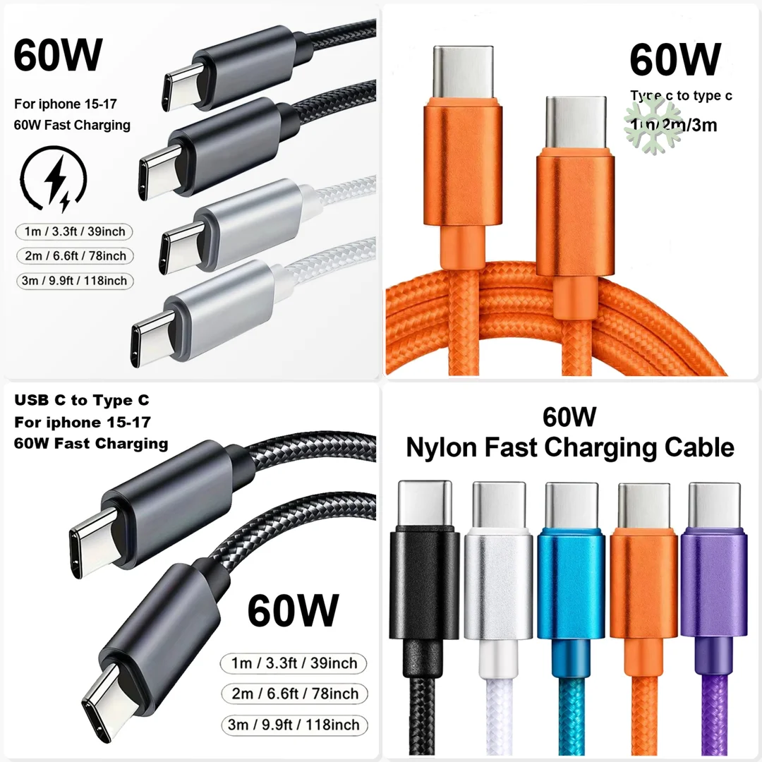 60W Nylon Braided USB C Fast Charge Cable 1M 2M 3M Travel Bag Spare Emergency Charge Line Ready