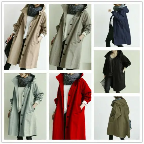 

Women Hooded Windbreaker Rain Jacket Loose Coat Trench Coat