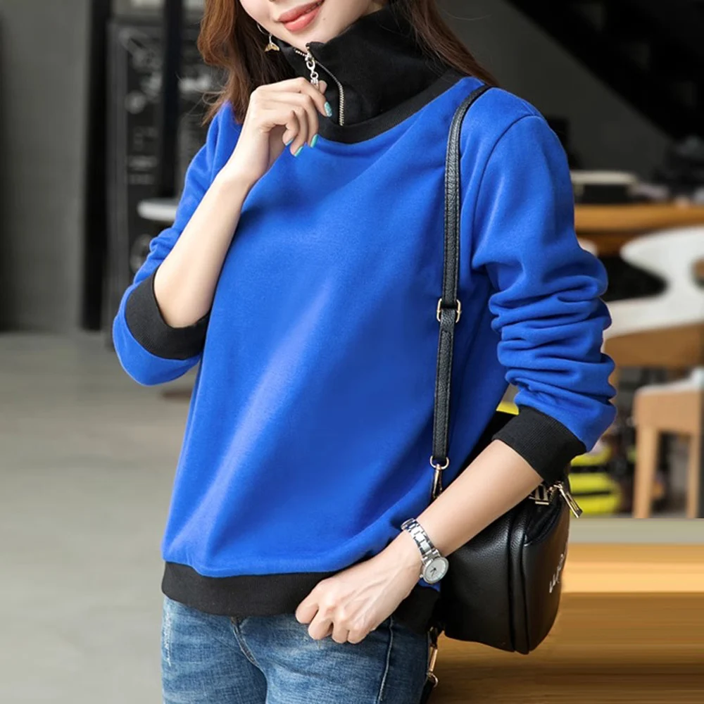 Korean version blue long sleeved top women's autumn and winter new style fashionable plus size loose casual thick style