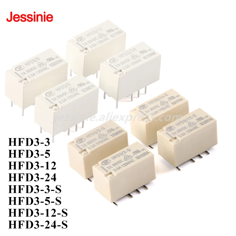 10pcs/1pc Mini Signal Relay HFD3-3 HFD3-5 HFD3-12 HFD3-24 HFD3-3-S HFD3-5-S HFD3-12-S HFD3-24-S DC 3V 5V 12V 24V 8Pin DIP SMD