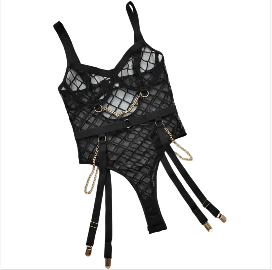 Sexy  Lace Mesh Bodysuit with Chain & Garter Straps – Sheer Grid Pattern Lingerie for Women