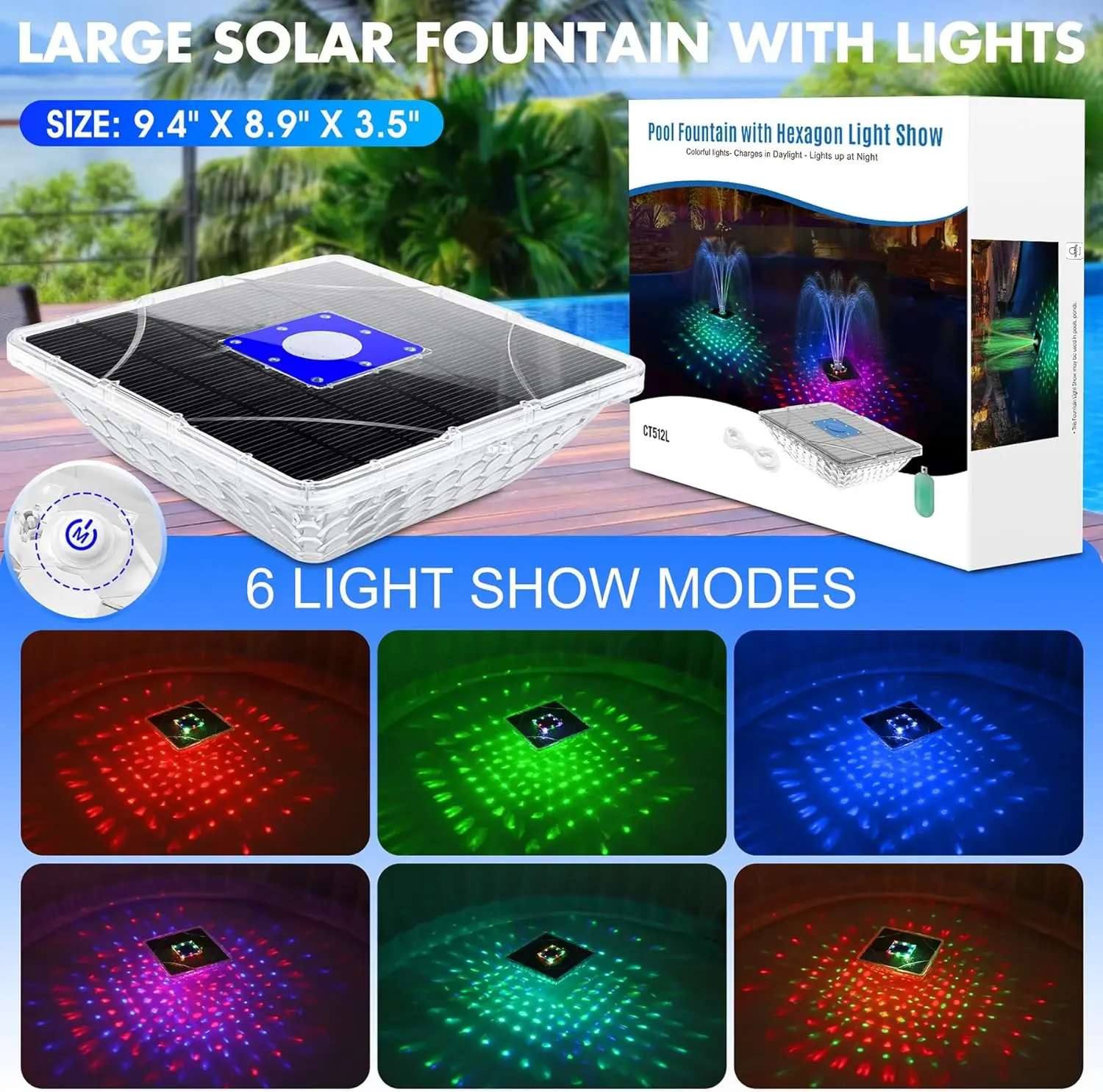 Solar Fountain With Light Show,2024 Large Solar Pool Fountain With Anchor,Square Floating Pool Fountains For Inground Above