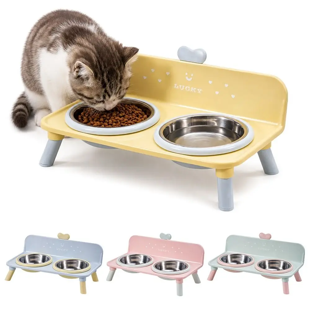 Stainless Steel Pet High-foot Bowl Anti-slip Love-heart Double Bowl Cat Bowl Neck Protection Splash-Proof Barrier Dog Water Bowl - view 3