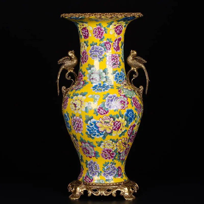 Copper inlaid porcelain yellow ground pastel peony copper magpie phoenix tail vase Jingdezhen ceramic Chinese vase ornament