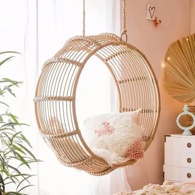 Columpio con cesta colgante Retro para interior, dormitorio, balcón, silla colgante tejida de ratán auténtico, mecedora de princesa para niños