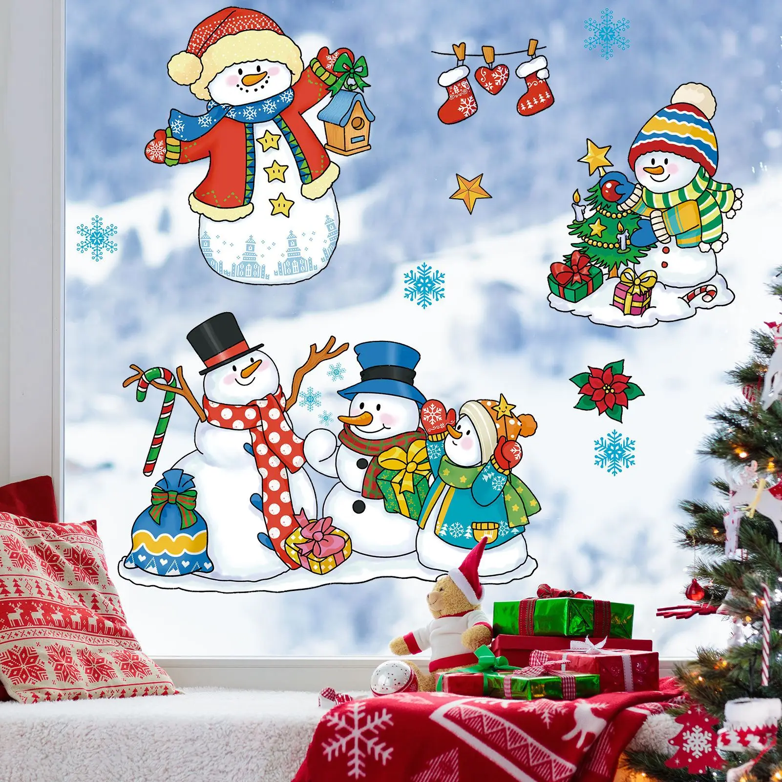 Christmas Snowman Snowflake Window Clings Static Stickers No Glue Removable Waterproof for Store Shopping Mall Holiday Decor