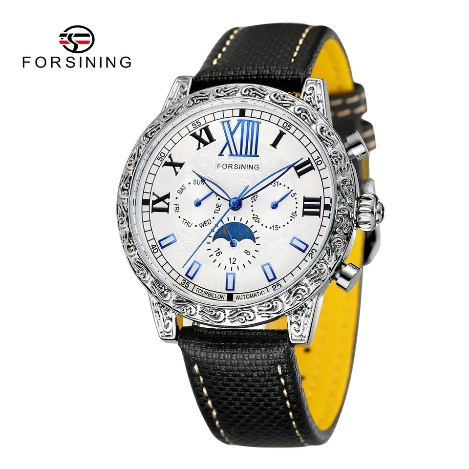 

Fashion Forsining Top Brand Men's Leisure Week Calendar Moon Phase Multi Functional Genuine Leather Automatic Mechanical Watches