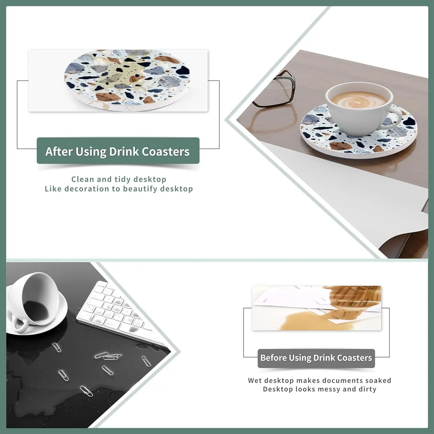 6 Pcs Ceramic Coasters Terrazz Style with Holder Absorbent Drink Coaster for Kinds of Cups Bar Kitchen Wooden Dining Table Decor