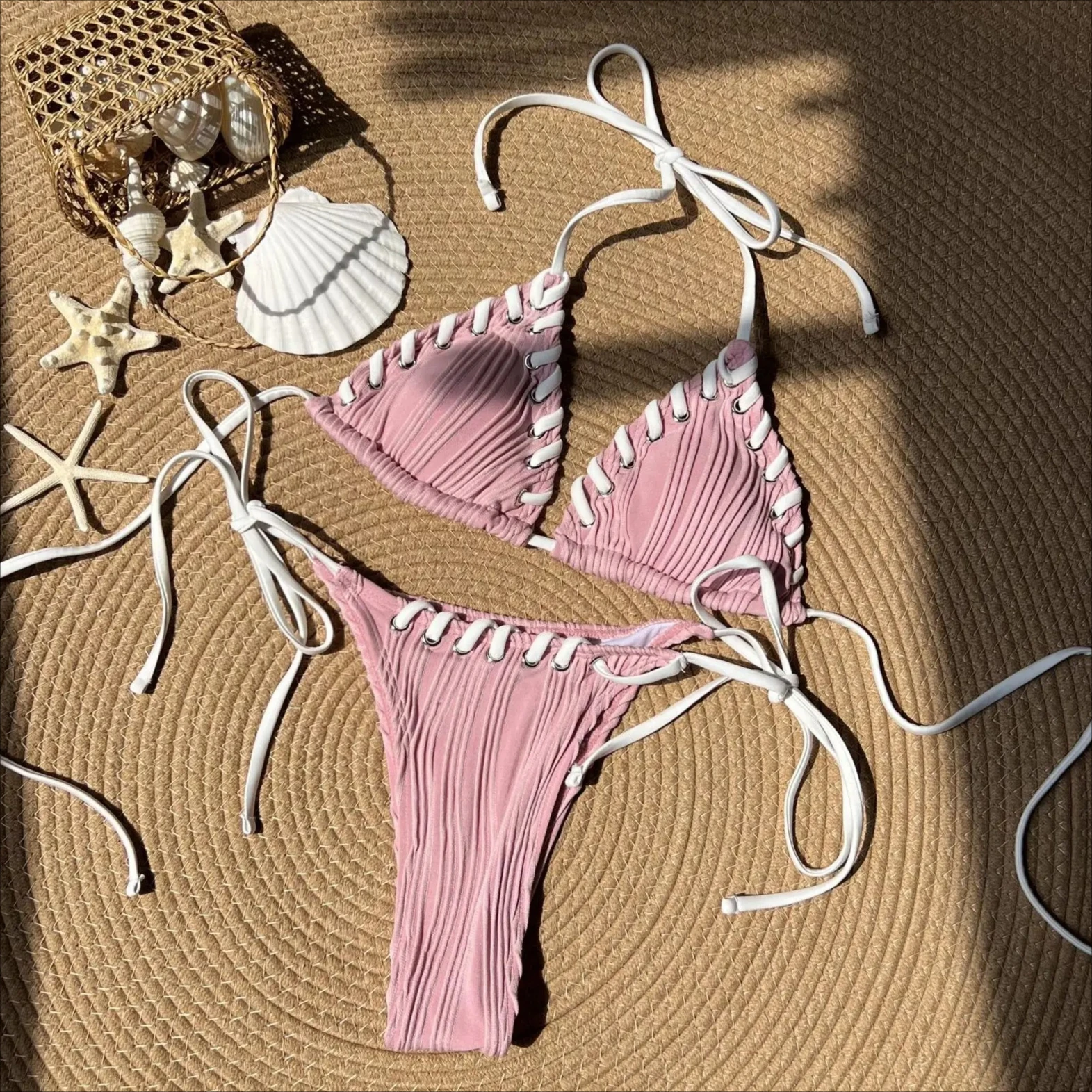 Conjunto de Bikini de tejido arrugado con cuello Halter, traje de baño para mujer, ropa de playa para mujer, traje de baño Tankini, Bikini brasileño para mujer