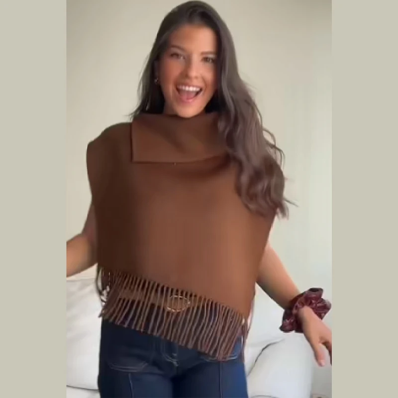 

Solid Tassel Shawl for Women High Neck Sleeveless Soft Capes Tops Irregular Hem Losse Cloaks Jacket 2025 New Autumn Lady Shawls