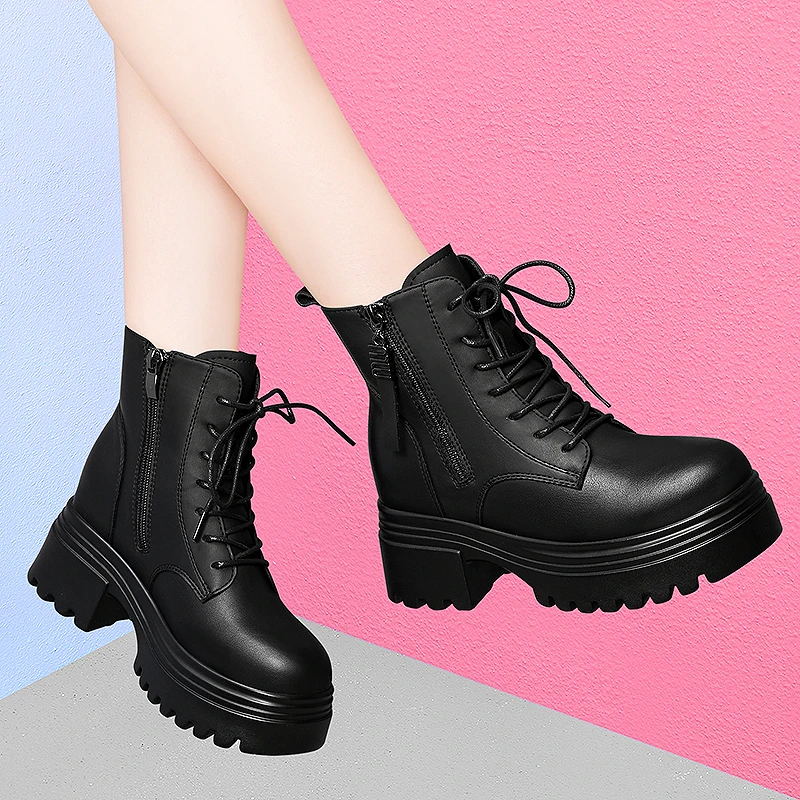 

High Heels Lace-up Combat Boots Chunky Heel Platform Women Boots British Style Thick Sole Increase Height Casual Boots Ankle