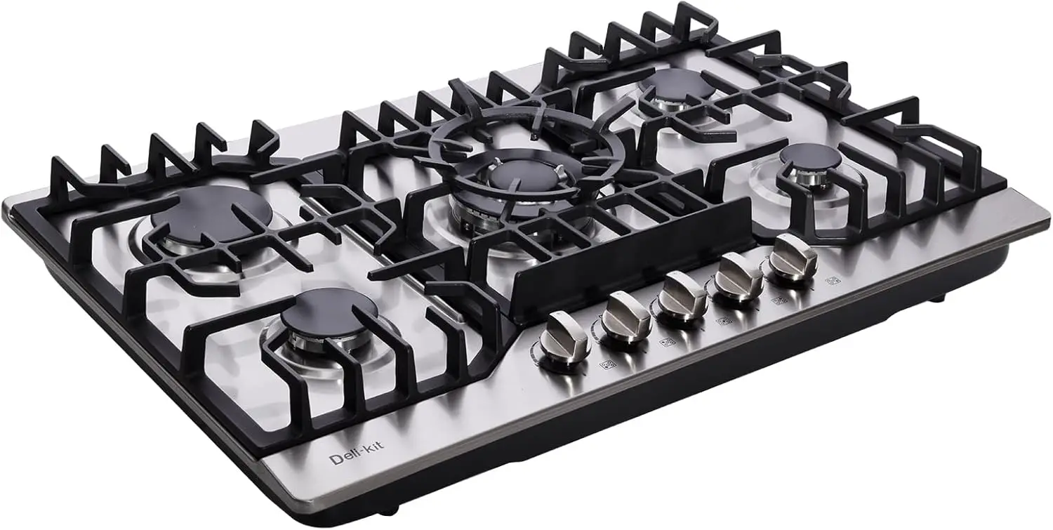 

30 Inch Gas Cooktop, Stainless Steel Built-in 5 Burners Stovetop Dual Fuel Gas Hob NG/LPG Convertible Gas Cooktop DK5712