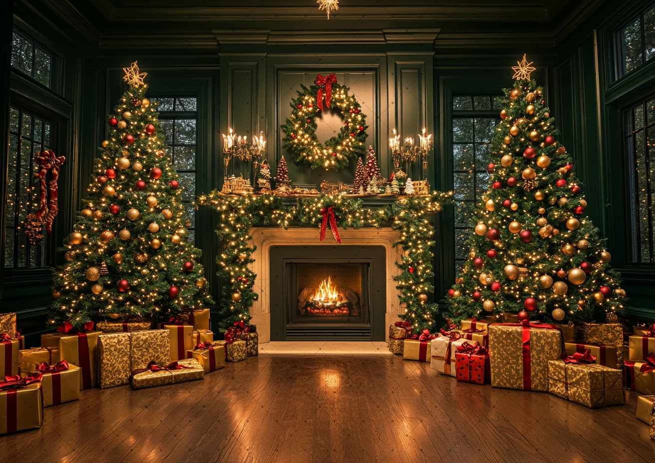 Luxury Fireplace Christmas Backdrop Golden Gift Xmas Tree Wreath Snow Window Family Portrait Studio Photo Background Cloth