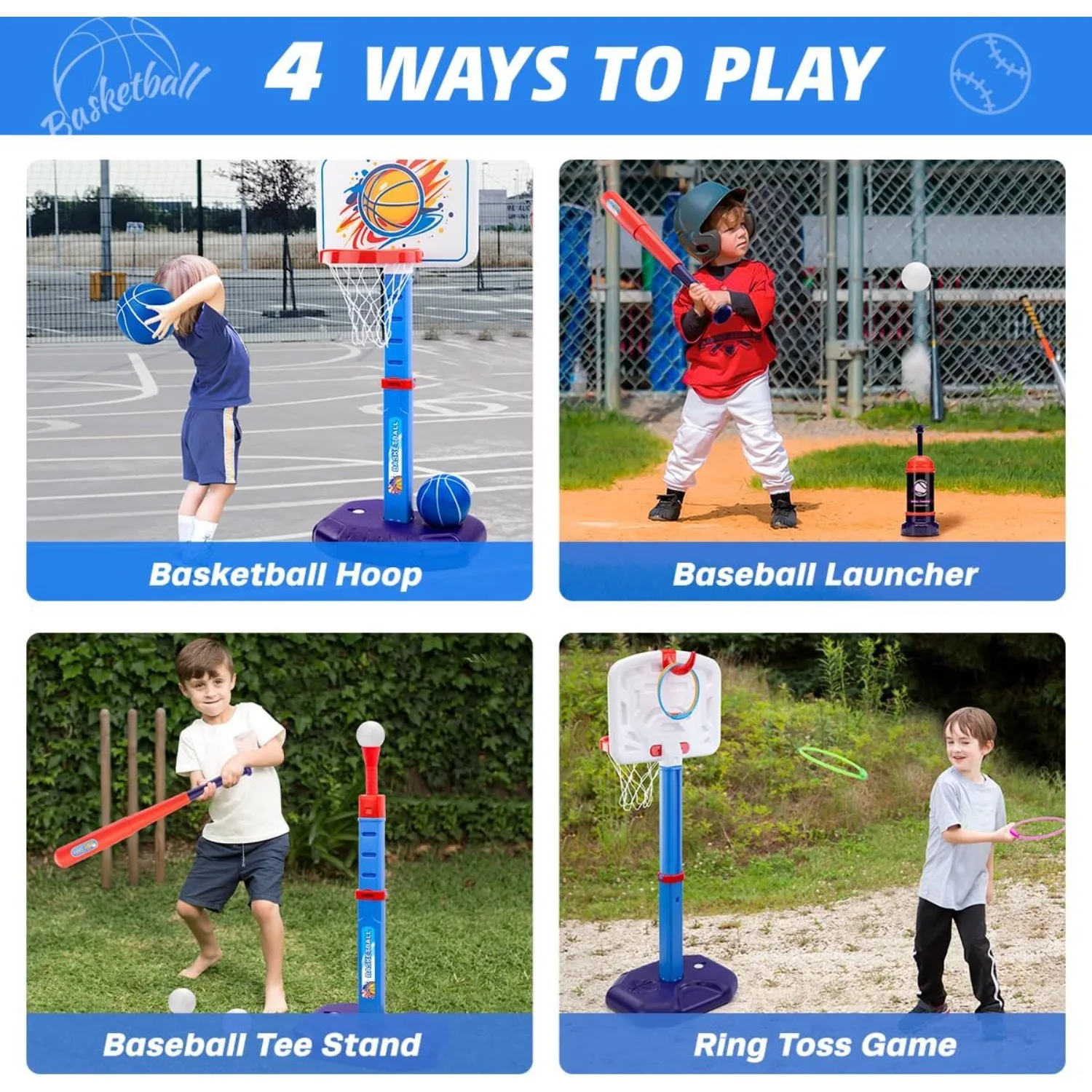 Set di canestro da basket 4 in 1 per bambini e set di palline a T con lanciatore automatico Gioco di anelli di lancio per giocattoli sportivi per bambini all'aperto per interni