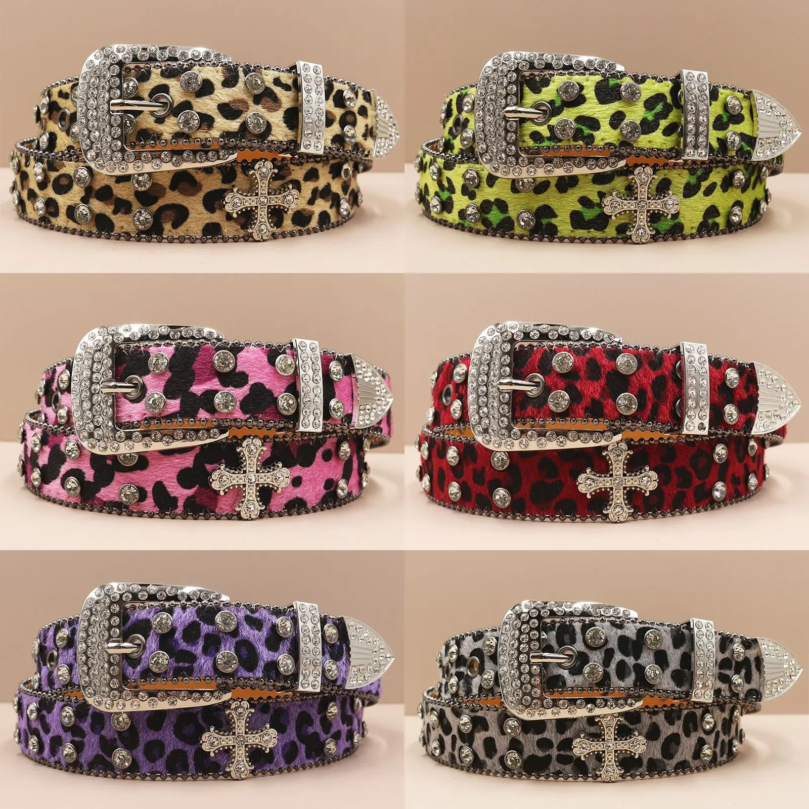 Cinturón Wasit de leopardo de PU para mujer, cinturón vaquero con hebilla de diamantes de imitación Y2K, Punk Rock, calavera cruzada, remache tachonado, verde, morado y rojo