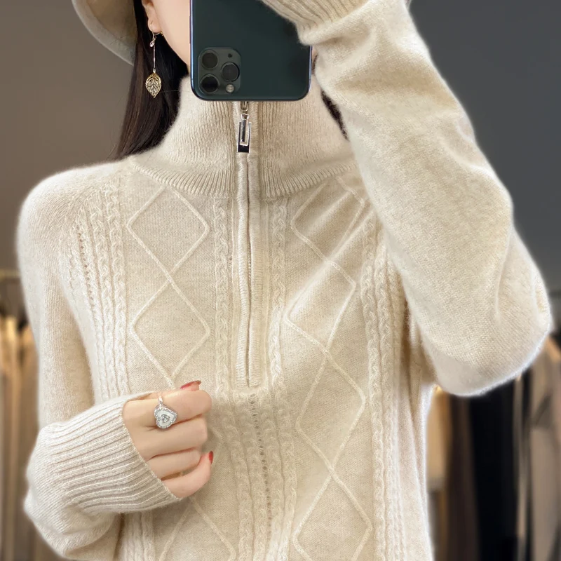 100% Merino Wool Women\'s Turtleneck Sweater Autumn Winter Casual Knit Loose Top Fashion Zipper Half Open Neck Cashmere Pullover