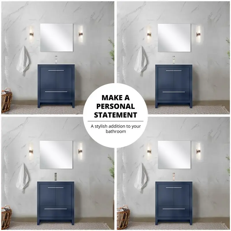 حمام باللون الأزرق الداكن مقاس 30 بوصة مع عمق 20 بوصة، سطح من الرخام المزروع ومجموعة صنبور ذهبي وردي للحمامات الحديثة #6