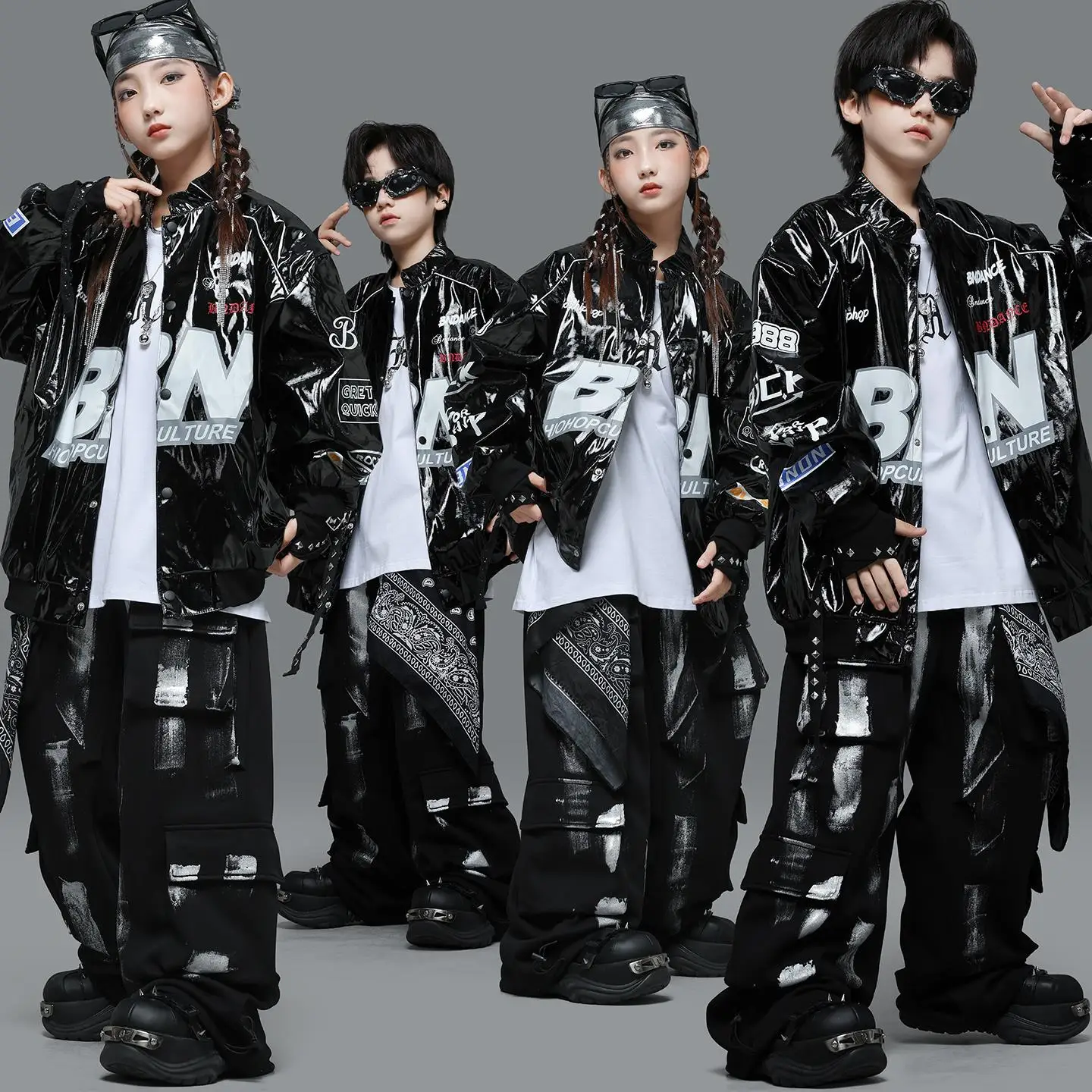 Kids' Street Dance Faionable Outfit Jazz Performance Coat Leather Jaet Boys' Hip Hop American Bright Skin Coat Girls' Swi...