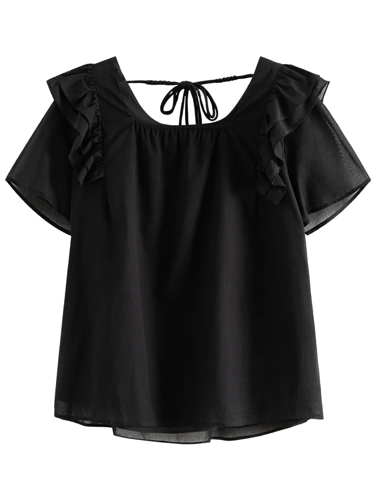 FSLE Women Summer Black Cotton Short Sleeve Blouse Square Neck Ruffled Sleeve Shirts 56.3% Lyocell Apricot Tops 24FS12994