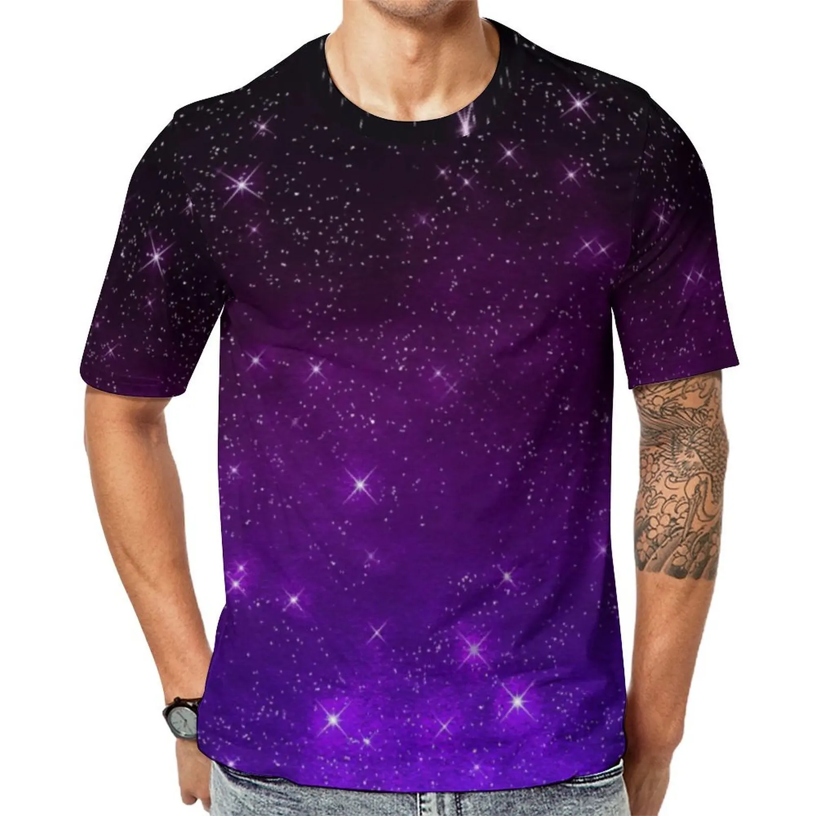 Beach T Shirt Colorful Starry Night T Shirts Purple Galaxy Kawaii Hip Hop Tee Shirt For Men Short Sleeve Plus Size Clothing