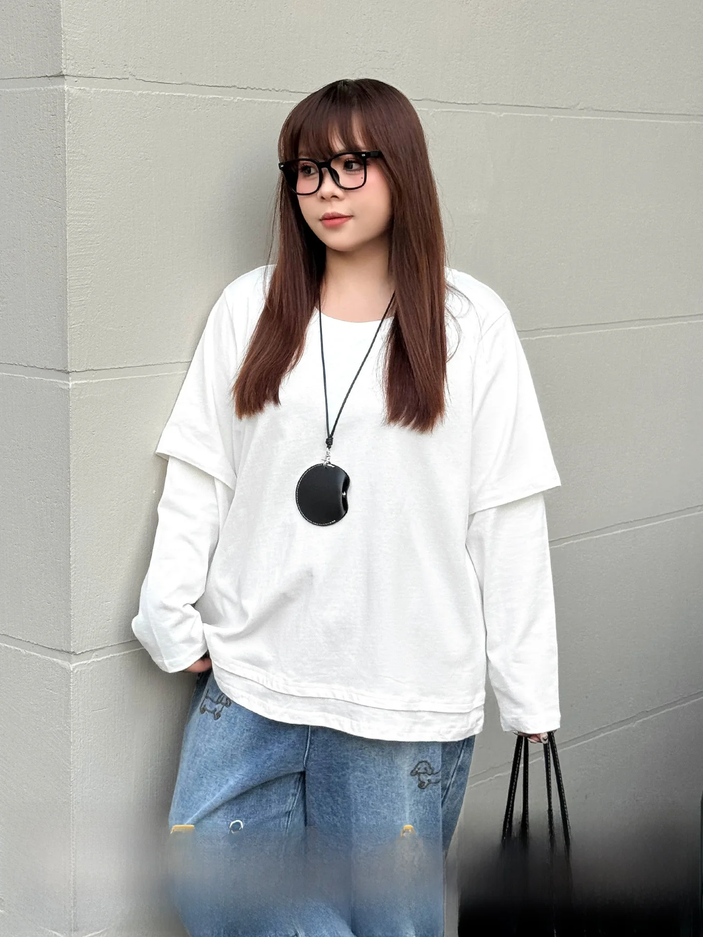 

plus Size Women's Street Sle T-irt round Ne Long Sve Patchwork Top Belly Concealing Spring Faion Korean Loose Fit