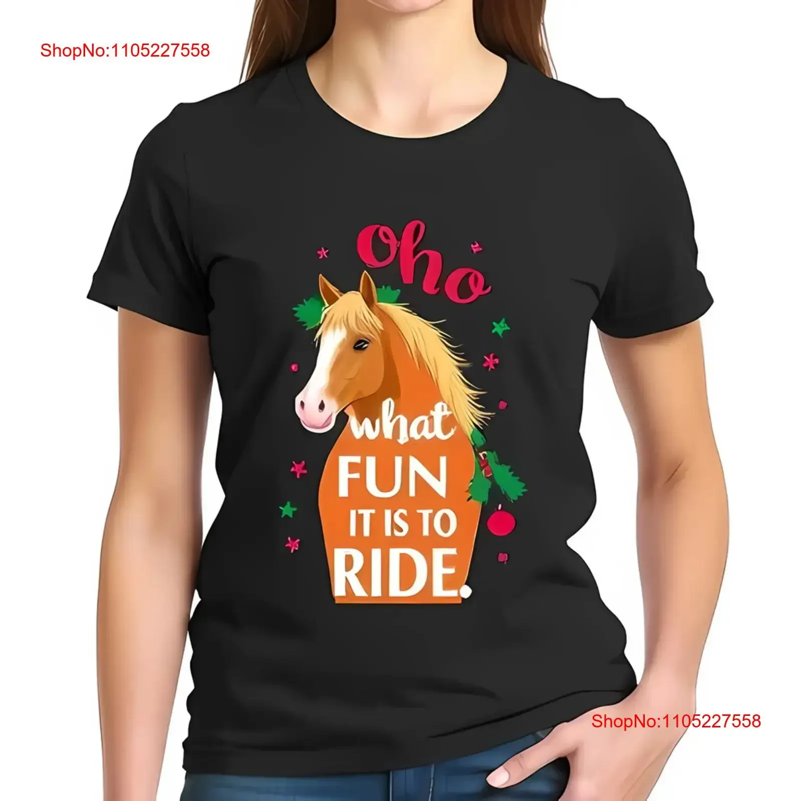 Festive Black Cotton  T Shirt with Chestnut Horse Oh Ho All vintage Washed Versatile Unisex Slightly Top For Everyday Wear