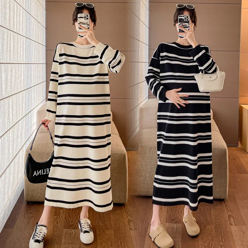 1056# 2023 Autumn Winter Strip Knitted Maternity Long Dress Oversize Loose Straight Clothes for Pregnant Women Casual Pregnancy