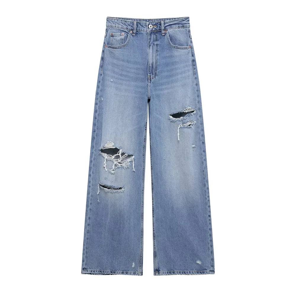 

Hole Decoration Casual Fashion Loose Jeans Spring New High Waist Straight Leg Pants for Women