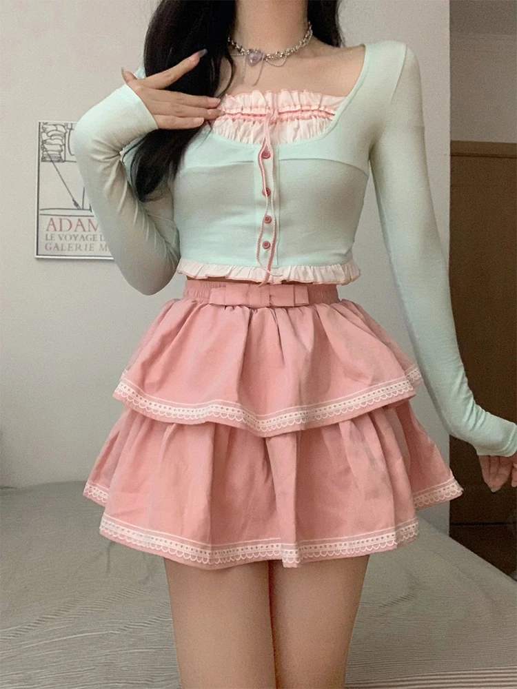 

2023 Autumn Women Fashion Sexy Gyaru Outfits 2 Piece Set Fake Two Pieces Long Sleeve Tops Mini Skirts Ball Gown 2000s Aesthetic