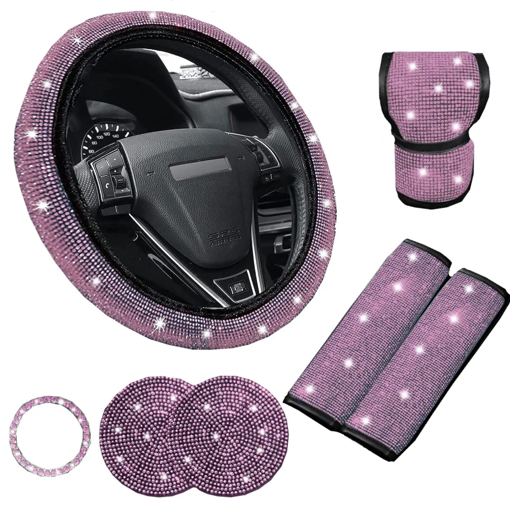 7 Pcs Bling Car Accessories Set For Women Rhinestones Steering Wheel Cover Safety Belt Covers Gear Shift Cover Diamond Cup Pads