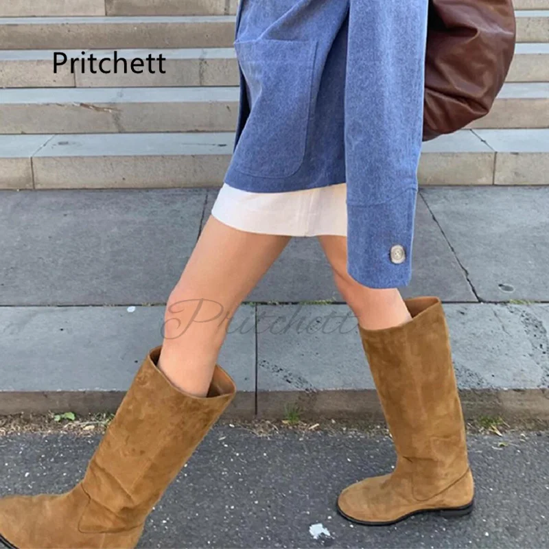 

Suede Knee High Boots for Women Round Toe Slip On Western Flats Knight Boots Slim Fashion High Tube Long Boots Brown Shoes