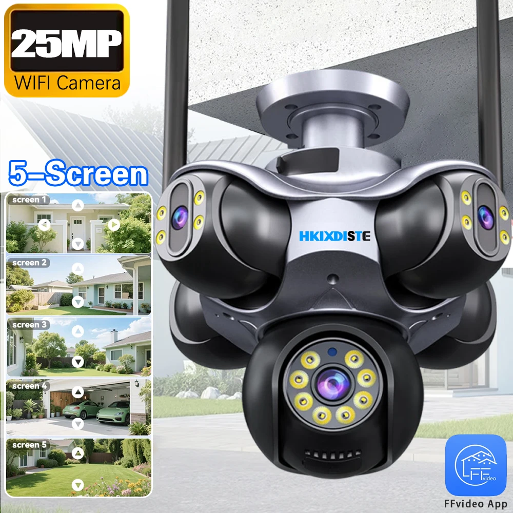 

Камеры видеонаблюдения 25 МП, уличные, 5 объектива, 5 экранов, 5 PTZ 90 ° 360 ° Камера безопасности Wi-Fi 2,4G с поворотом и наклоном, с отслеживанием движения, 2 звука