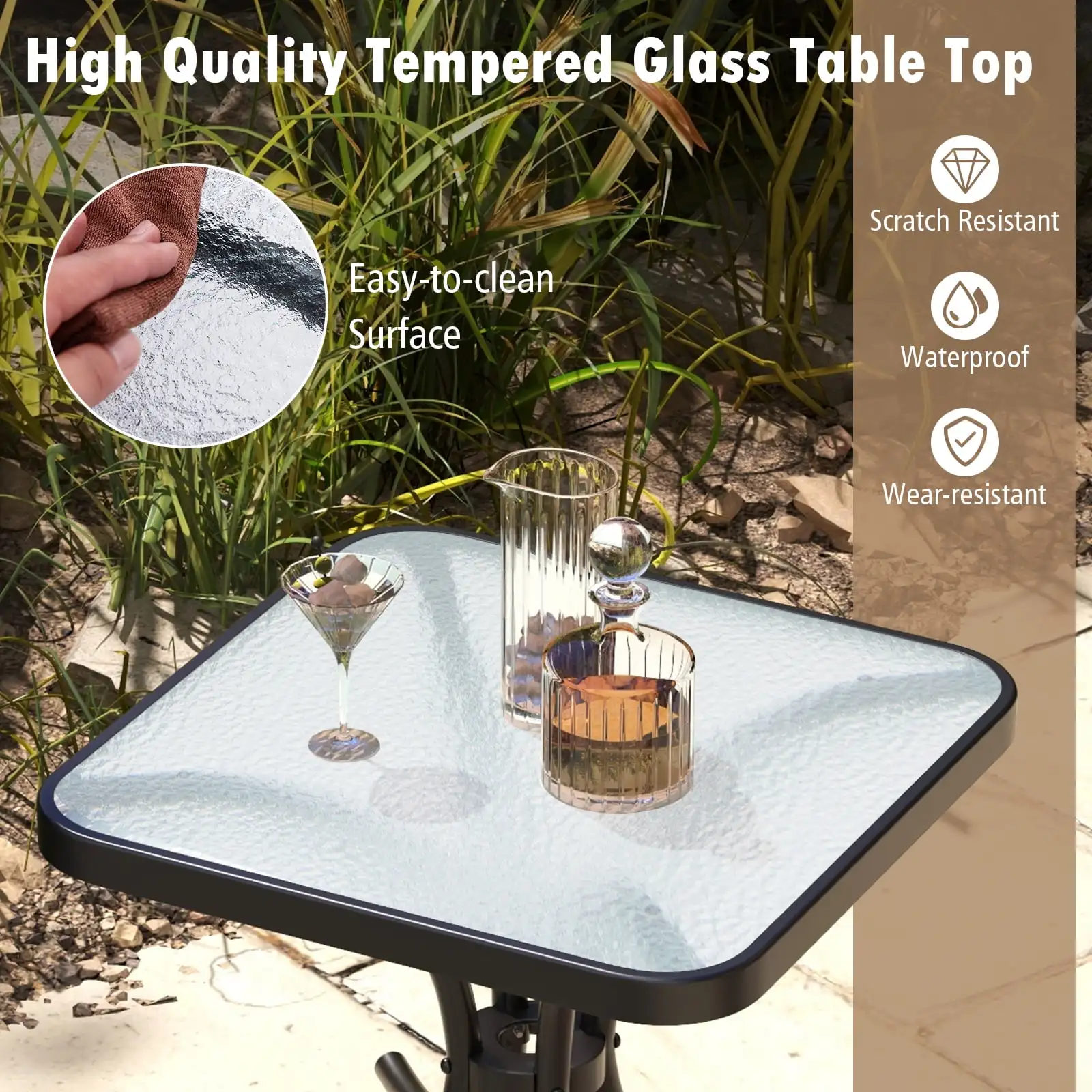 Patio Coffee Table End Table Outdoor Metal Square Side Table w/Tempered Glass Tabletop Black