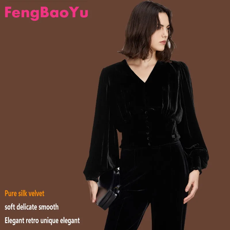 Silk Velvet Ladies Spring and Autumn Short Shirt Bubble Sleeve V-neck Crepe Top Youth Fashion Light Luxury Women's Free Shipping