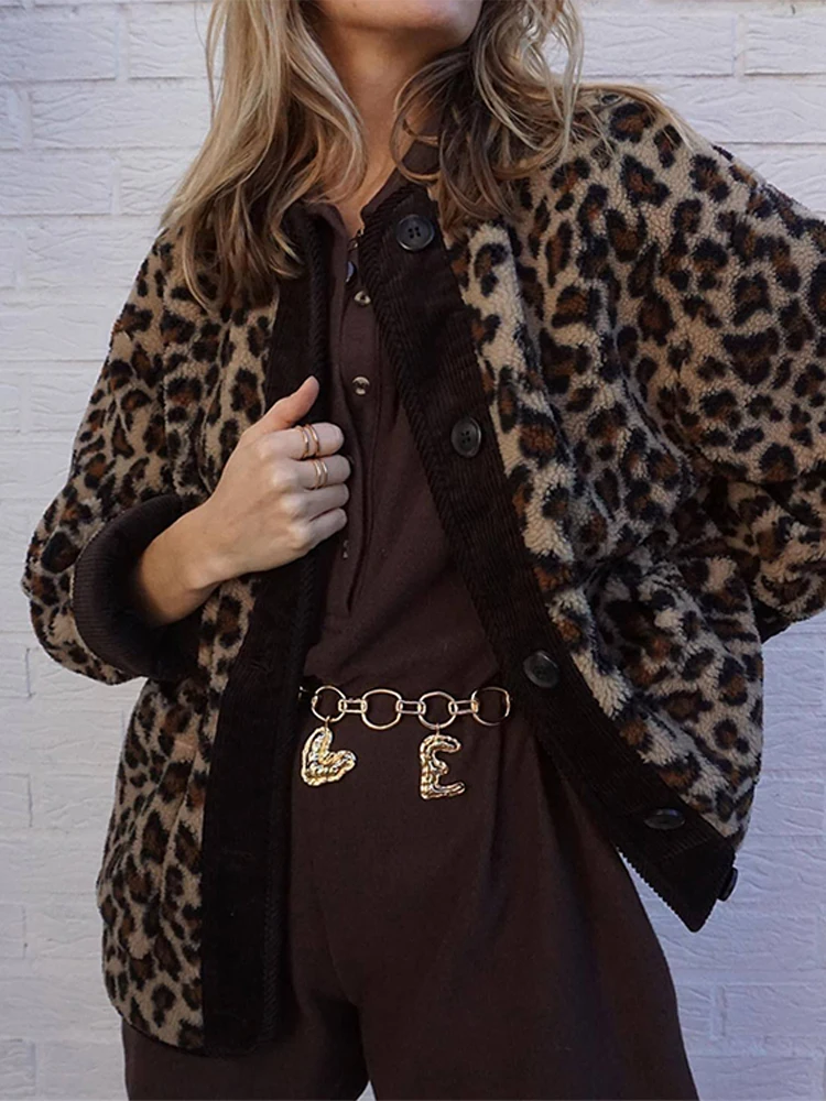 Retro Leopard Print Lamb Woolen Jackets Women Casual Loose O-neck Single Breasted Coats Lady Autumn Winter Chic High Street Tops