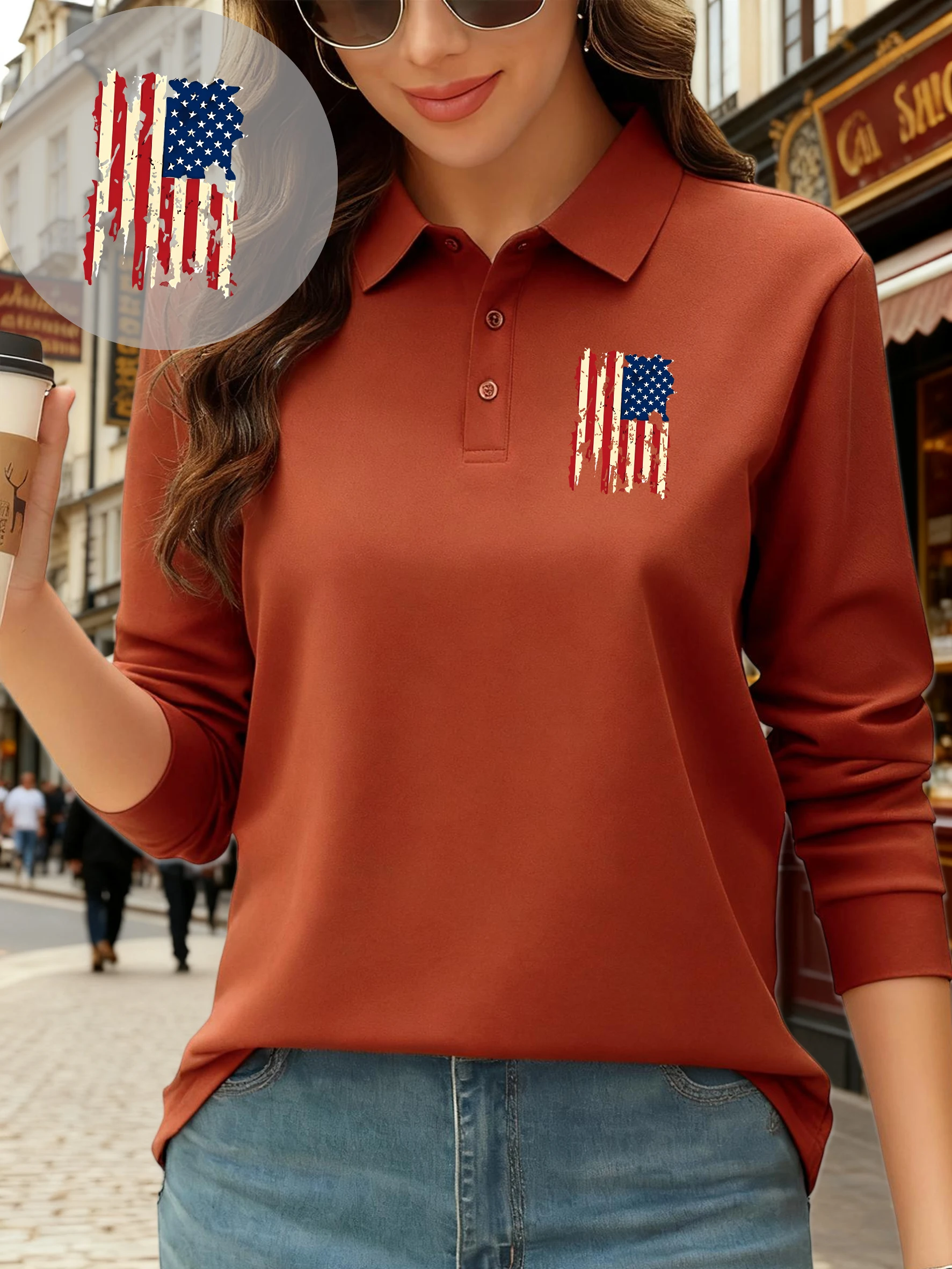 

Retro American Flag Prints Women T Shirts Casual Autumn Long Sleeves Fleece Lapel Polo Shirt Multicolor Business Sportswear