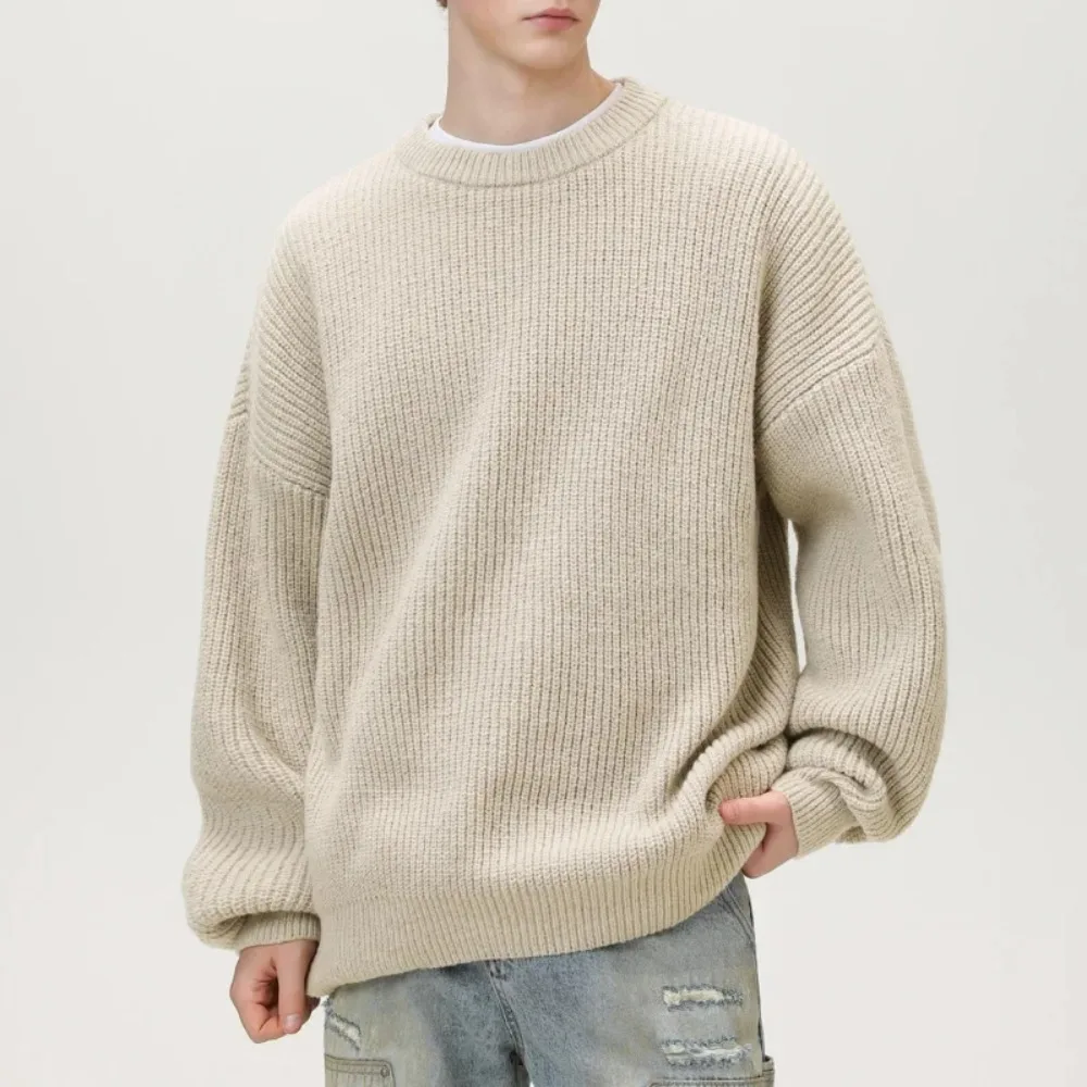 

Мужской свитер крупной вязки с круглым вырезом, плотный, осенне-зимний, модный, фактурный, базовый стиль