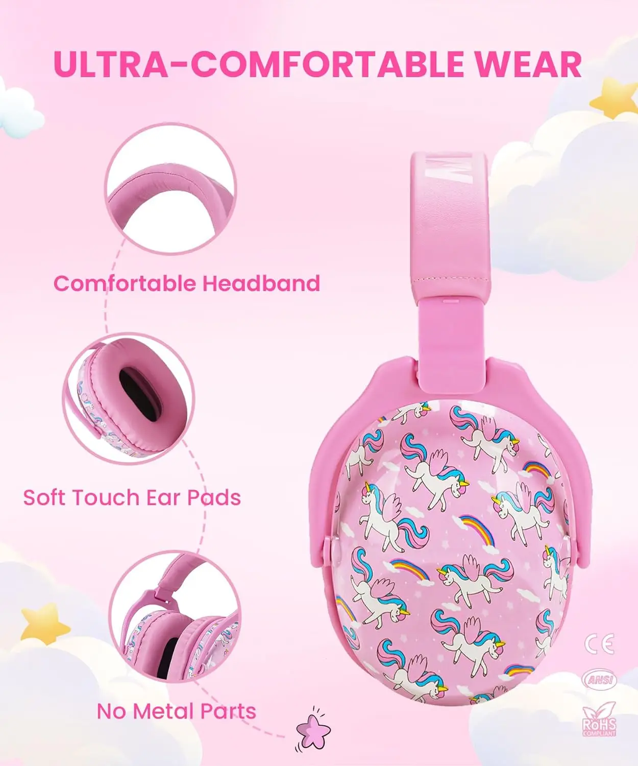 ZOHAN Ear Protectors Kids Earmuffs Safety Unicorn Cartoon Hearing Protection Child anti noise earmuff for Autism Toddler