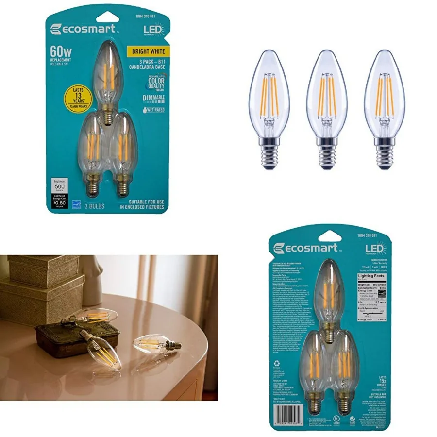 

60-Watt Equivalent B11 Dimmable Energy Star Clear Glass Filament Vintage Edison LED Light Bulb in Bright White 3-Pack