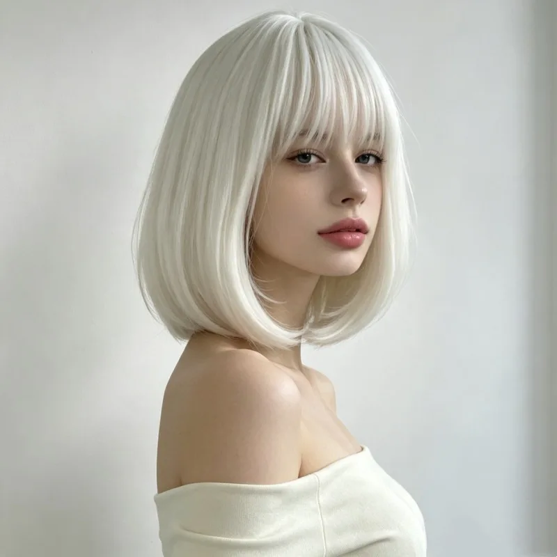 Best-Selling White Short Bob Synthetic Wig for Halloween Party Cosplay Role-Playing Daily Wear Wig, Hot Wire Wig Set