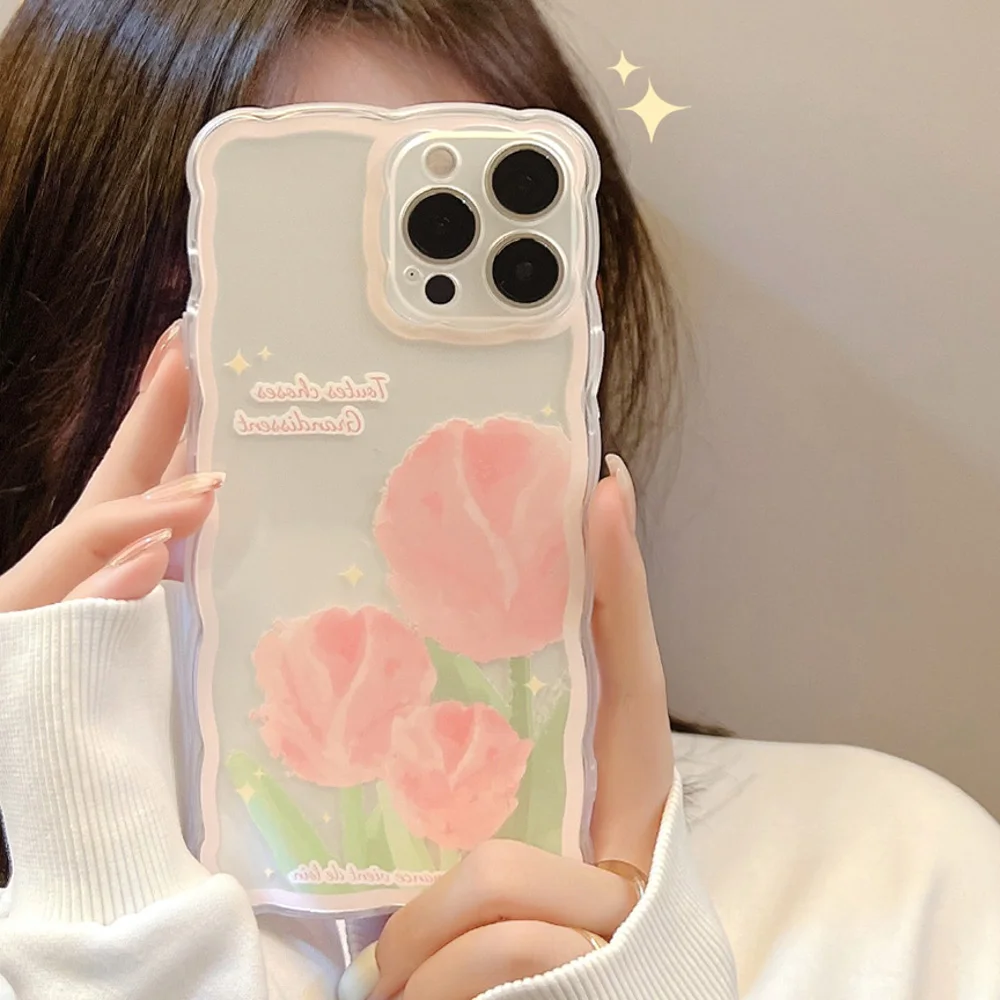 Art Wavy Blue Flower Strawberry Phone Case For iPhone 13 Pro Max Cases iPhone 11 14 15 12 13 Mini X Xr 7 8 Plus Xs SE Soft Cover